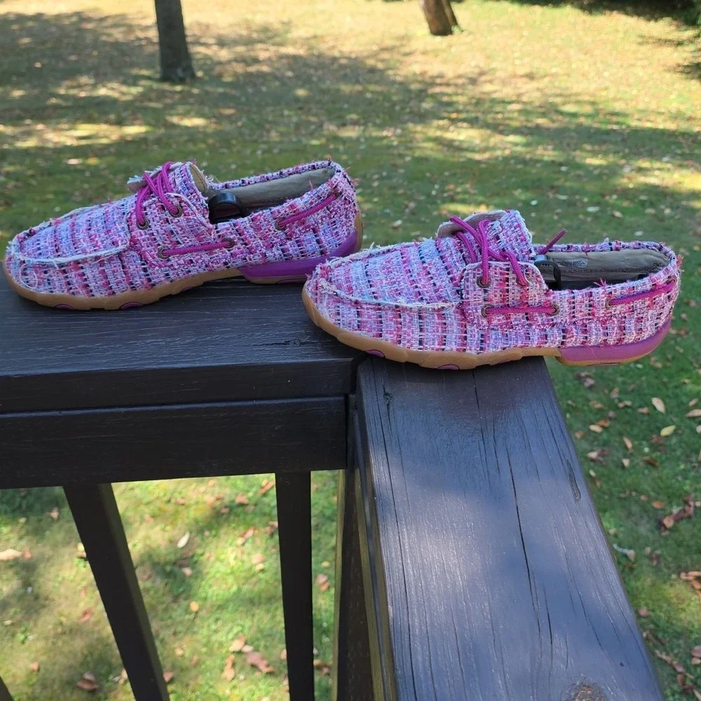 Twisted X Boots Pink Plaid Burlap Driver‎ Loafers Women's 8.5